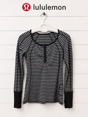 LULULEMON Black & Grey Striped Long Sleeve Active Top Size 6